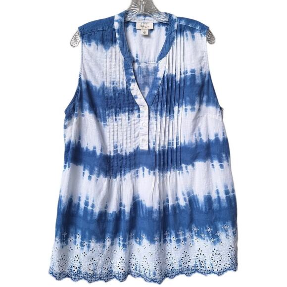 Style & Co. Tops - Style & Co Eyelet Pleated Tie Dye 100% Cotton Tank Top Tunic Blue White XL Boho